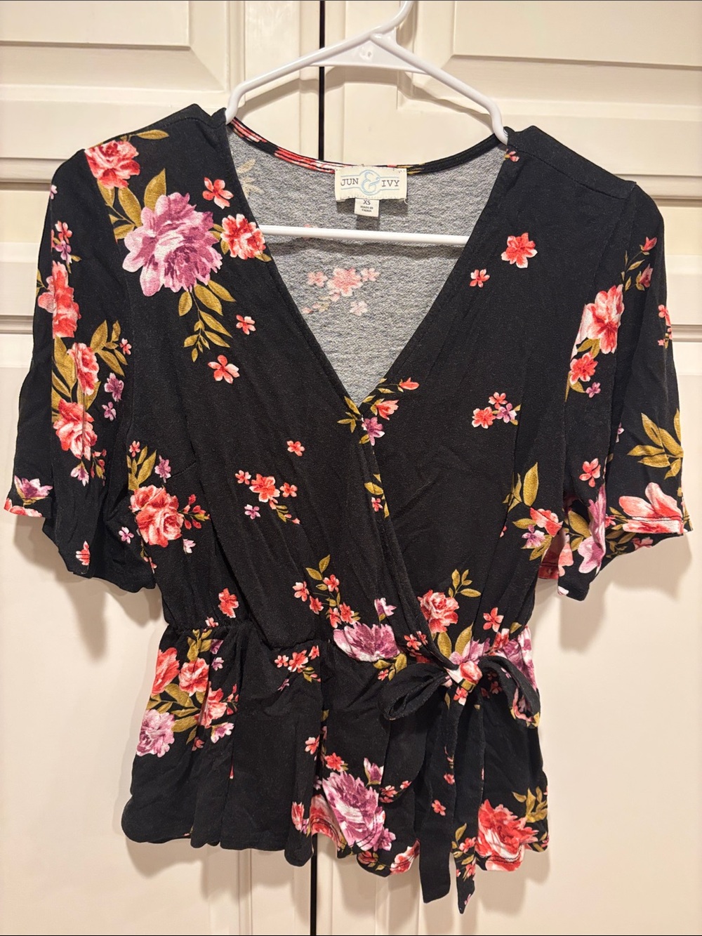 Black Floral Wrap Blouse
